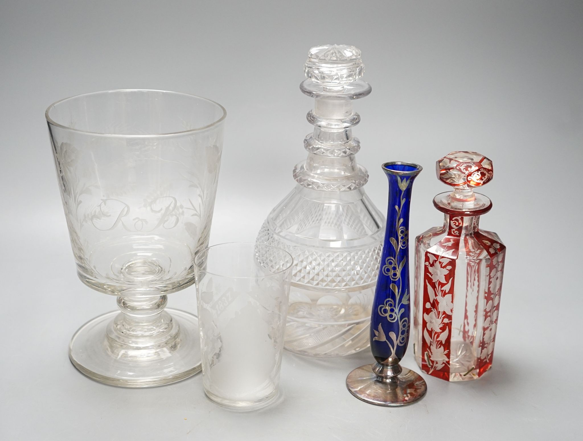 A George III large presentation glass rummer, a Regency decanter and other items (5) 25cm